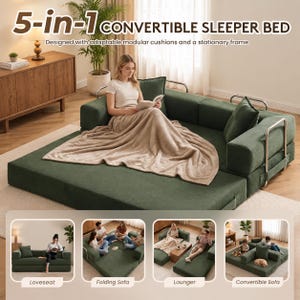 May include: A green 5-in-1 convertible sleeper bed with adaptable modular cushions and a stationary frame. The image shows the bed in different configurations: loveseat, folding sofa, lounger, and convertible sofa. A woman is sitting on the bed reading a book.