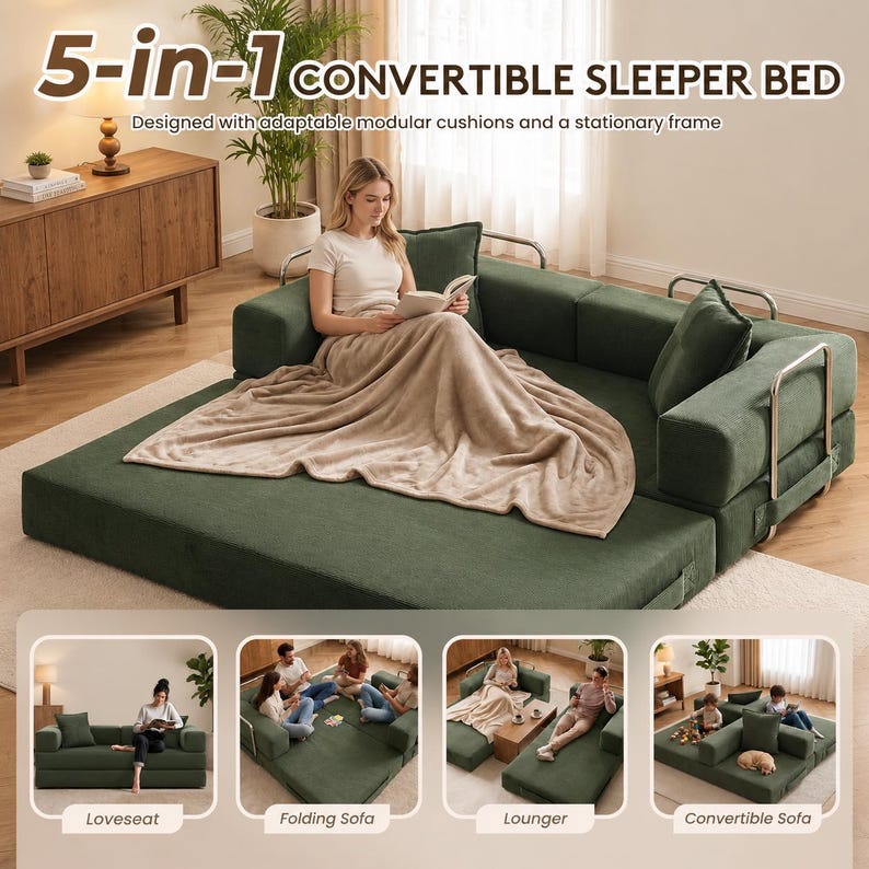 May include: A green 5-in-1 convertible sleeper bed with adaptable modular cushions and a stationary frame. The image shows the bed in different configurations: loveseat, folding sofa, lounger, and convertible sofa. A woman is sitting on the bed reading a book.