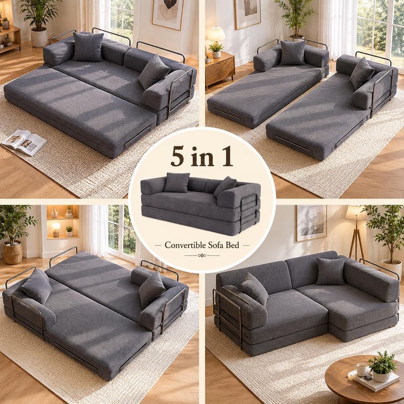 Puede incluir: Un sof&aacute; cama convertible gris con estructura met&aacute;lica, mostrado en m&uacute;ltiples configuraciones. La imagen muestra el sof&aacute; como cama, seccional y tumbona. Tambi&eacute;n se ve el texto "5 in 1 Convertible Sofa Bed".
