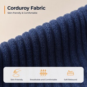 May include: Close-up of navy blue corduroy fabric. The image highlights the texture and ribbed pattern of the material. Text on the image reads "Corduroy Fabric" and "Skin-friendly & Comfortable". Additional icons and text indicate the fabric is skin-friendly, breathable, comfortable, and has a soft rebound.