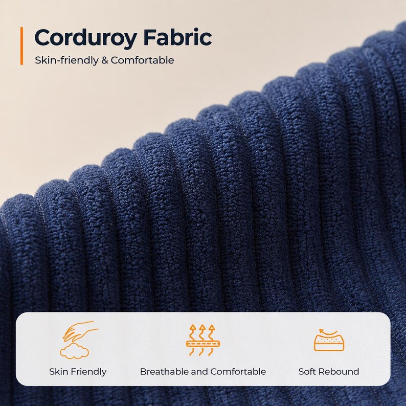 May include: Close-up of navy blue corduroy fabric. The image highlights the texture and ribbed pattern of the material. Text on the image reads "Corduroy Fabric" and "Skin-friendly & Comfortable". Additional icons and text indicate the fabric is skin-friendly, breathable, comfortable, and has a soft rebound.