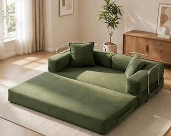 GRUSIGN 78” Convertible Sofa Bed Green | 5-in-1 Corduroy Boneless Sleeper Couch with Pillows
