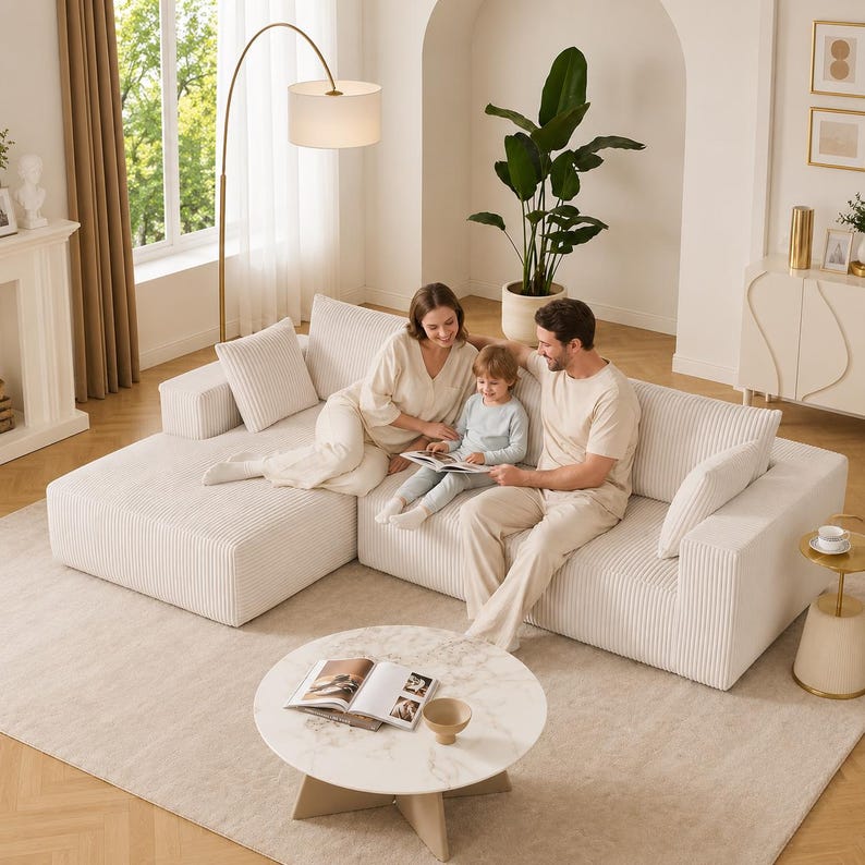 May include: A cream-colored sectional sofa with a corduroy texture. The sofa has multiple cushions and is arranged in an L-shape. A family is seated on the sofa, reading a book. A round coffee table and a floor lamp are also in the room.
