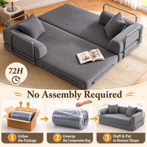 Puede incluir: Un sof&aacute; cama convertible de pana gris con dos cojines y reposabrazos a juego. El sof&aacute; se muestra plegado y desplegado. Se muestra el texto "No Assembly Required". La imagen tambi&eacute;n muestra los pasos para desembalar y configurar.