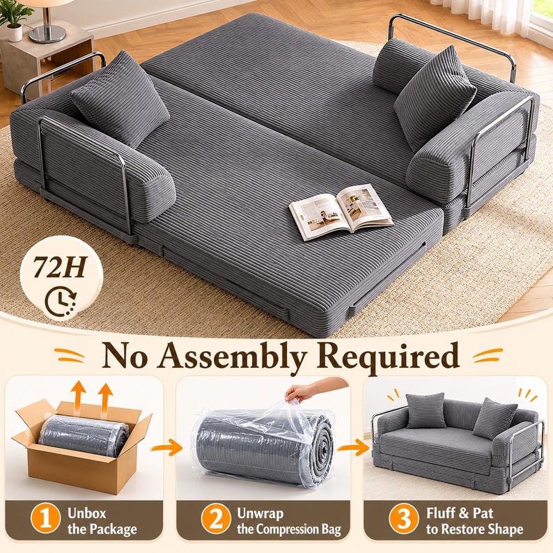Puede incluir: Un sof&aacute; cama convertible de pana gris con dos cojines y reposabrazos a juego. El sof&aacute; se muestra plegado y desplegado. Se muestra el texto "No Assembly Required". La imagen tambi&eacute;n muestra los pasos para desembalar y configurar.