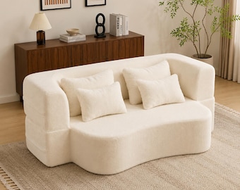 Sofá cama convertible de chenilla / Sofá cama de dos plazas de 198 cm, color blanco beige.