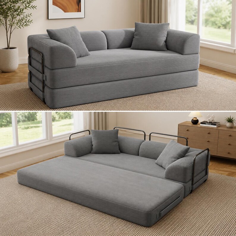 Puede incluir: Un sof&aacute; convertible de pana gris con dos cojines a juego. El sof&aacute; tiene un dise&ntilde;o modular con detalles met&aacute;licos negros y se puede plegar en una cama. El sof&aacute; est&aacute; sobre una alfombra de color neutro.