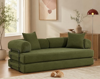 Convertible Folding Sofa Bed Modular 3 Seater Futon Couch Corduroy Sleeper w/ Pillows Green