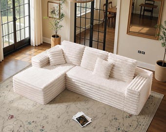 Oversized Cream Corduroy Sectional Sofa | Deep Seat Cloud Couch, Modular L-Shape