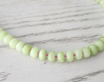 Handmade Green Rondelle Necklace, Pink Seed Beads, Coastal Style