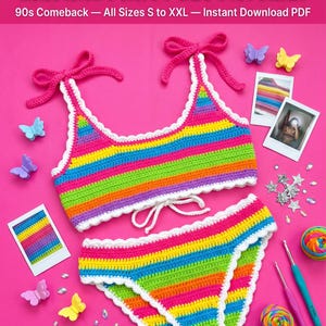 May include: A crochet bra and panty set featuring horizontal rainbow stripes in pink, yellow, green, blue, and purple with white scalloped trim. The bra has tie-up shoulder straps and a tie-front closure. Text reads: RAINBOW STRIPE Y2K CROCHET BRA AND PANTY SET PATTERN 90s Comeback — All Sizes S to XXL — Instant Download PDF.