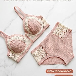 May include: A crochet lace set featuring a dusty pink and cream-colored bra and matching high-waisted briefs. The set displays a floral mesh effect with solid pink cups and side panels. Text reads: Crochet Lace Set, Floral Mesh Effect, All Sizes, Instant Download, PDF Pattern, Fingering Yarn.