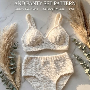 Puede incluir: Un conjunto de sujetador y braga de ganchillo color crema con un acabado de textura bouclé. El texto en la imagen dice: BOUCLE FUZZY CROCHET BRA AND PANTY SET PATTERN, Instant Download — All Sizes S to XXL — PDF. El conjunto incluye un bralette.