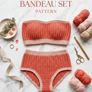 Virkmönster för Sunset Ribbed Bandeau Bikini, Axelbandslöst Lingerie Set (PDF-nedladdning)