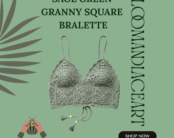 Patrón de bralette cuadrado verde salvia estilo abuela / Top de crochet estilo boho para festivales (descarga en PDF)