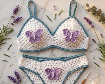 Modello per completo intimo all'uncinetto con motivo a farfalla (reggiseno e slip) / Lingerie boho stile "nonna" (download PDF)