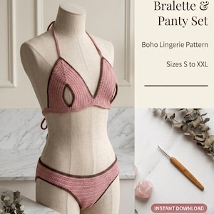 May include: A crochet bralette and panty set in dusty pink with dark brown trim. The bralette features triangular cups with central cut-outs and halter straps. Text reads: Cut-Out Bralette & Panty Set, Boho Lingerie Pattern, Sizes S to XXL, INSTANT DOWNLOAD, PDF PATTERN, SIZES S - XXL.