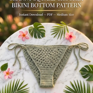 May include: A sage green crochet bikini bottom featuring a granny square pattern with side tie closures. The text reads: GRANNY SQUARE CROCHET BIKINI BOTTOM PATTERN, Instant Download — PDF — Medium Size. The item is displayed on a white marble surface.