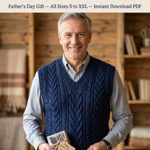 May include: A navy blue cable knit vest with a V-neckline. The text at the top reads: MEN'S CABLE KNIT CROCHET VEST PATTERN, Father's Day Gift — All Sizes S to XXL — Instant Download PDF. A small gift tag reads: Happy Father's Day! Handmade with love.