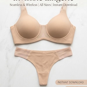 Könnte beinhalten: Ein beigefarbenes, bügelloses und nahtloses Set aus BH und Tanga. Der Text lautet: Invisible Lingerie, Seamless & Wireless | All Sizes | Instant Download, INSTANT DOWNLOAD, PDF PATTERN, SEAMLESS.
