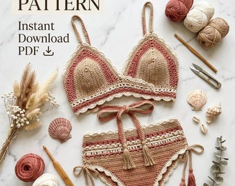 Boho Crochet Bikini Set Pattern, Tie Front Wrap Top, Beachwear PDF (S-XXL)