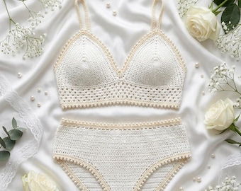 Pearl Trim Crochet Bra and Panty Set Pattern | Bridal Lingerie (PDF Download)