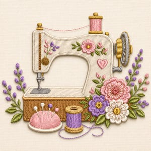 以下が含まれることがあります： ピンクの花とハートで装飾されたクリーム色のミシンの刺繍デザイン。紫色のラベンダーの小枝、4本のピンが刺さったピンクのピンクッション、紫色の糸巻き、そして大きなピンクと白の花々に囲まれています。