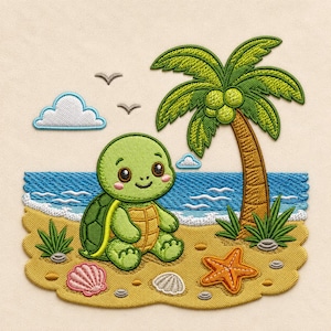 May include: An embroidered patch featuring a green turtle sitting on a sandy beach next to a palm tree. The scene includes a blue ocean with white waves, a bright orange starfish, a pink seashell, a white cloud, and two small birds in the sky.