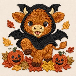 May include: An embroidered design featuring a fluffy orange highland cow wearing a black bat-winged cape. The cow has small horns and is surrounded by scattered autumn leaves in shades of red, orange, and yellow, along with two orange jack-o'-lanterns.