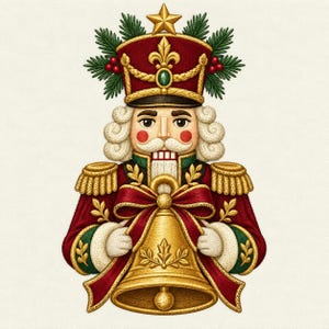 Può includere: Una figura di schiaccianoci che indossa un'uniforme rossa e oro con un cappello alto sormontato da una stella dorata e aghi di pino verdi. La figura ha capelli bianchi ricci, guance rosse e tiene in mano una grande campana dorata.