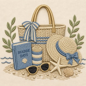 May include: An embroidery design featuring a tan woven tote bag with a blue striped bow, a blue book titled SEASIDE DAYS with a seashell, a tan sun hat with a blue ribbon, black sunglasses, a starfish, a seashell, and green leafy sprigs.
