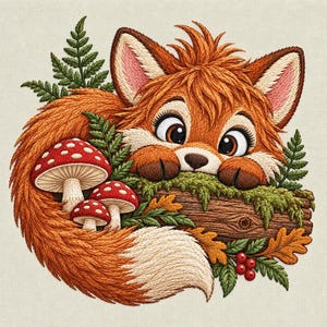 Borduurpatroon van een glurende vos met herfstpaddenstoelen, mos op een boomstam en varens (digitale download)