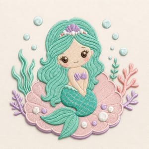 May include: An embroidery design featuring a mermaid with long teal hair, a teal tail, and a purple seashell top, sitting inside a large pink seashell. The scene includes light blue bubbles, green seaweed, and pink coral accents on a cream background.