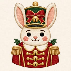 May include: An embroidered patch featuring a white rabbit wearing a green and gold nutcracker hat with a red bow and bell. The rabbit wears a red jacket with gold epaulets, gold buttons, and holly berry accents on the shoulders.