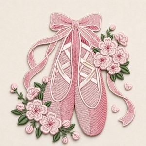 May include: An embroidered patch featuring a pair of light pink ballet slippers tied with long ribbons, accented by clusters of pink cherry blossoms with green leaves. The design showcases detailed stitching and texture on the shoes and flowers.