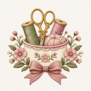 May include: An embroidered illustration of a cream-colored basket containing a spool of sage green thread, a spool of pink thread, gold-toned scissors, and a pink pincushion with pins. The basket is decorated with pink flowers and a pink bow.