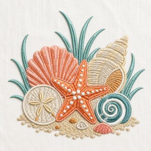 Puede incluir: Un diseño de bordado que presenta una estrella de mar naranja central rodeada por una concha de vieira color melocotón, una caracola en espiral beige, un dólar de arena blanco y una concha en espiral verde azulado, con algas verdes.
