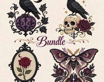 Puede incluir: Un paquete de diseños digitales con cuatro ilustraciones: un cuervo negro sobre una calabaza morada con una luna creciente, un cuervo sobre una calavera con una rosa, una rosa roja en un marco negro ornamentado y una polilla con flores.