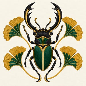 May include: An embroidered design featuring a central stag beetle with a black head, large mandibles, and a dark green body. The beetle is flanked by four symmetrical ginkgo leaves in shades of golden yellow and deep green, all outlined in gold.