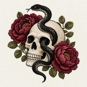 Può includere: Un disegno ricamato che raffigura un teschio umano color crema intrecciato con un serpente nero. Il teschio è affiancato da due grandi fiori di peonia rosso scuro con centri gialli e diverse foglie verde scuro su un tessuto testurizzato bianco sporco.