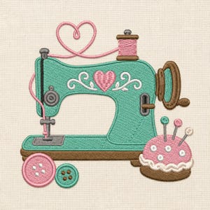 May include: An embroidery design featuring a teal sewing machine with brown accents, a pink thread spool, and a pink heart-shaped thread trail. Below are two round buttons in pink and teal, alongside a pink pincushion with white polka dots.