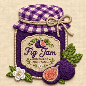 May include: An embroidered patch of a purple jar of fig jam with a purple and white checkered lid tied with a beige rope bow. The label reads Fig Jam, HOMEMADE, and SMALL BATCH, surrounded by embroidered fig fruits, leaves, and a white flower.