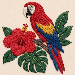 May include: An intricate embroidery design featuring a vibrant scarlet macaw perched on a branch. The bird has red, yellow, and blue feathers with a white face and black beak. It is surrounded by a large red hibiscus flower and green leaves.