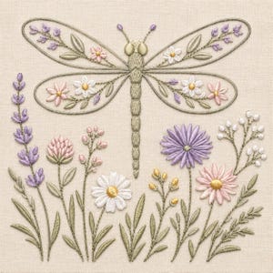 May include: An embroidery design on beige fabric featuring a central dragonfly with wings decorated with small pink, white, and purple flowers. Below the dragonfly are various embroidered wildflowers, including lavender, daisies, and clover in soft pastel tones.