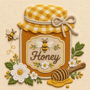 May include: An embroidered patch featuring a honey jar with a yellow and white checkered lid, a label with the word Honey, a bee, white flowers, green leaves, and a wooden honey dipper. A small bee is flying to the left of the jar.