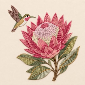 May include: An embroidered patch featuring a vibrant pink and cream protea flower with green leaves and a small hummingbird with brown, green, and white feathers hovering to the left. The design uses detailed stitching to create texture.