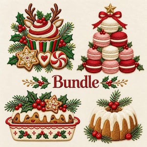 May include: A digital illustration set labeled Bundle featuring a cupcake with reindeer antlers, a macaron Christmas tree, a loaf cake with holly, and a bundt cake. Each item is decorated with red and white icing, holly leaves, and berries.