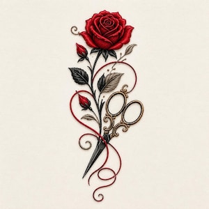 May include: A detailed illustration featuring a vibrant red rose in full bloom with two smaller rosebuds, dark green leaves, and a pair of ornate, antique-style metal scissors with intricate scrollwork handles intertwined with thin red decorative lines.