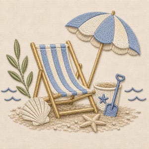 May include: An embroidery design featuring a beach scene with a blue and white striped deck chair, a matching striped beach umbrella, a sand bucket with a blue shovel, a seashell, a starfish, a green leafy branch, and small blue wave icons.