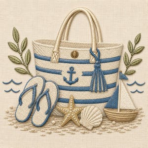 May include: An embroidered design featuring a cream and blue striped tote bag with an anchor motif, a pair of flip-flops, a starfish, a seashell, and a small sailboat. The composition includes green leafy sprigs and blue wave accents.